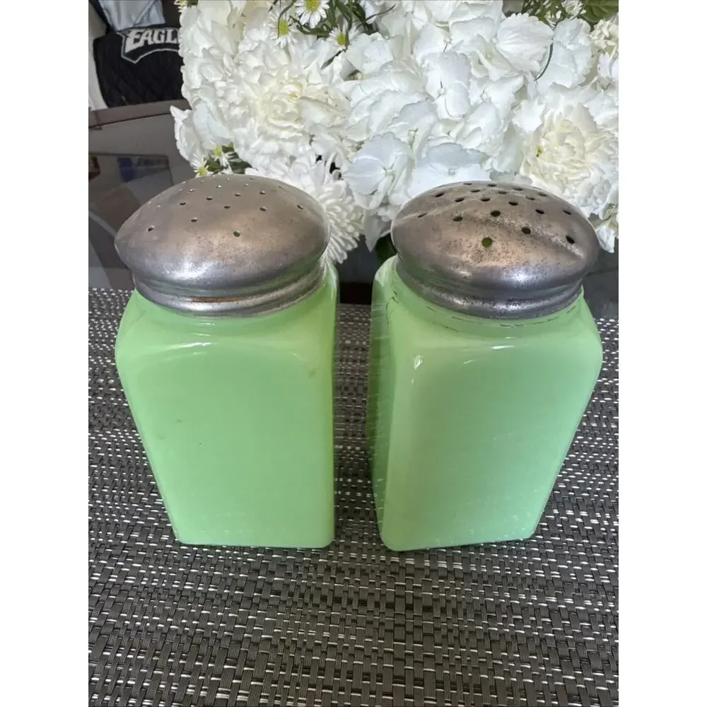 Jadeite Salt and Pepper Shakers Green Art Deco Glass